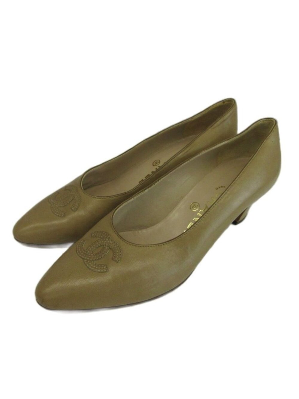 Chanel Pumps Leather Pointed Toe Middle Heels CC Logo Beige
